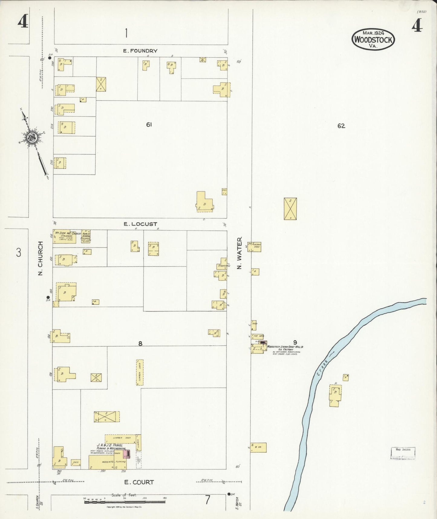 Sanborn Fire Insurance Map from Woodstock, Shenandoah County, Virginia (1924), Sheet #0004 - Historic Sanborn Fire Insurance Map Print, vintage old map wall art, antique decor, genealogy gift, Virginia Virginia map