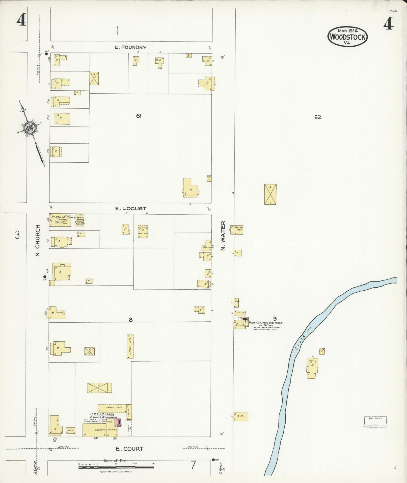 Sanborn Fire Insurance Map from Woodstock, Shenandoah County, Virginia (1924), Sheet #0004 - Historic Sanborn Fire Insurance Map Print, vintage old map wall art, antique decor, genealogy gift, Virginia Virginia map