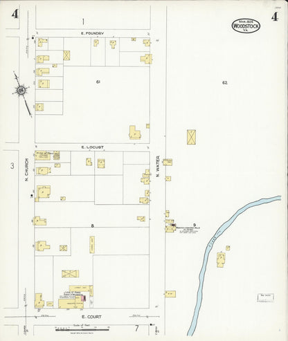 Sanborn Fire Insurance Map from Woodstock, Shenandoah County, Virginia (1924), Sheet #0004 - Historic Sanborn Fire Insurance Map Print, vintage old map wall art, antique decor, genealogy gift, Virginia Virginia map