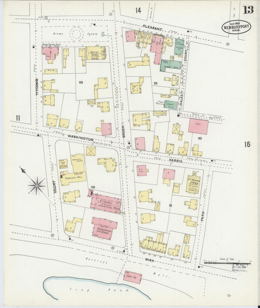 Sanborn Fire Insurance Map from Newburyport, Essex County, Massachusetts (1906), Sheet #0013 - Historic Sanborn Fire Insurance Map Print, vintage old map wall art, antique decor, genealogy gift, Massachusetts Massachusetts map