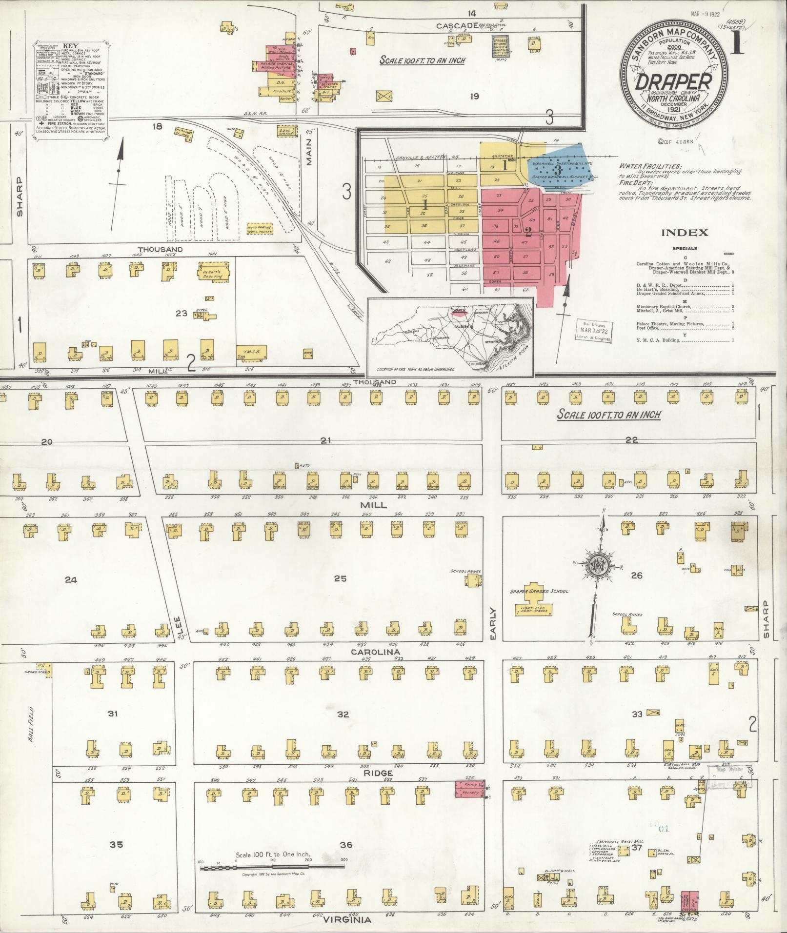 Sanborn Fire Insurance Map from Draper, Rockingham County, North Carolina (1921), Sheet #0001 - Historic Sanborn Fire Insurance Map Print, vintage old map wall art, antique decor, genealogy gift, North Carolina North Carolina map