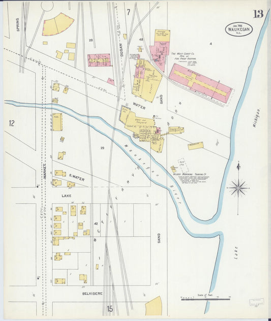 Sanborn Fire Insurance Map from Waukegan, Lake County, Illinois (1906), Sheet #0013 - Historic Sanborn Fire Insurance Map Print, vintage old map wall art, antique decor, genealogy gift, Illinois Illinois map