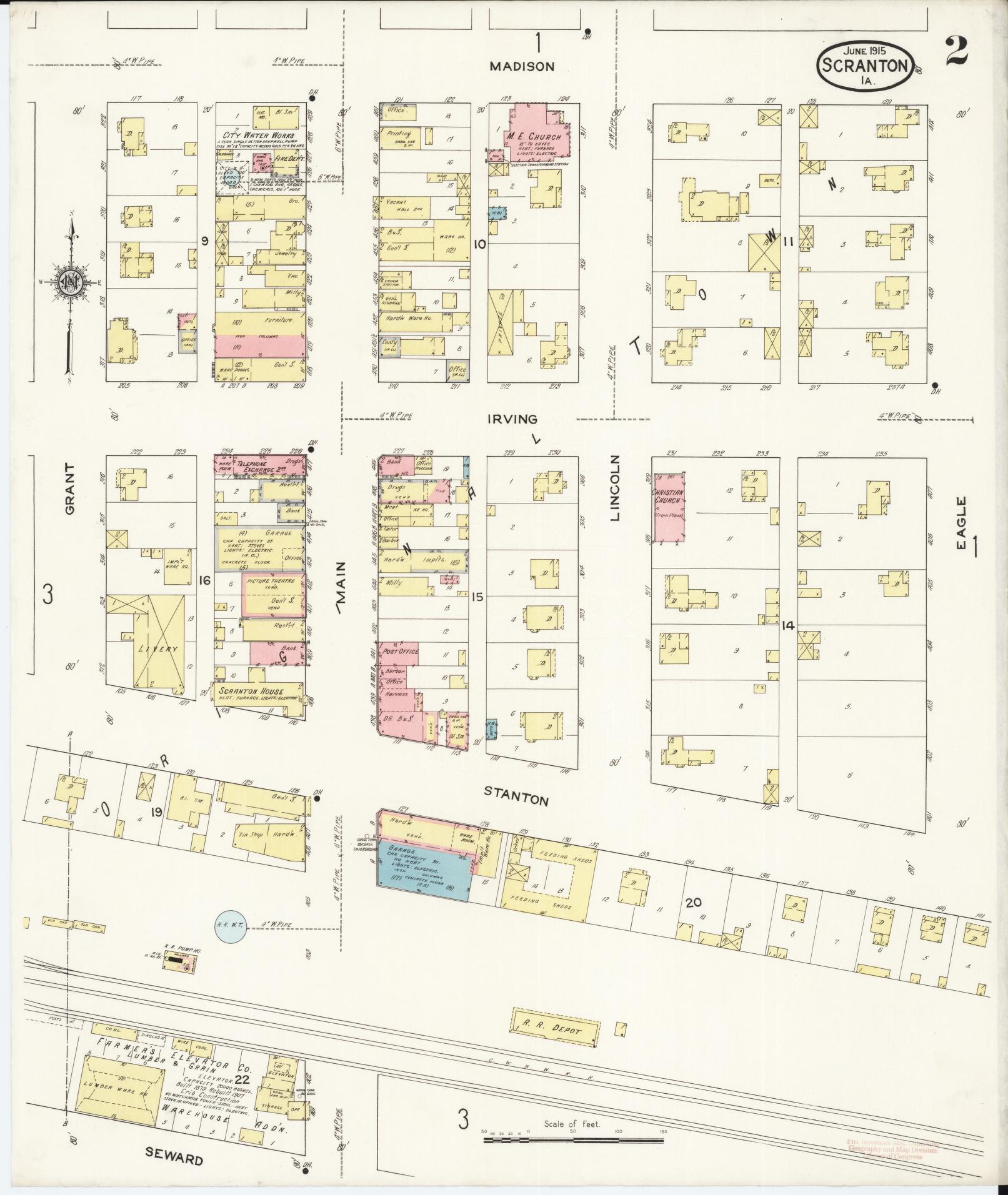 Sanborn Fire Insurance Map from Scranton, Greene County, Iowa (1915), Sheet #0002 - Historic Sanborn Fire Insurance Map Print, vintage old map wall art