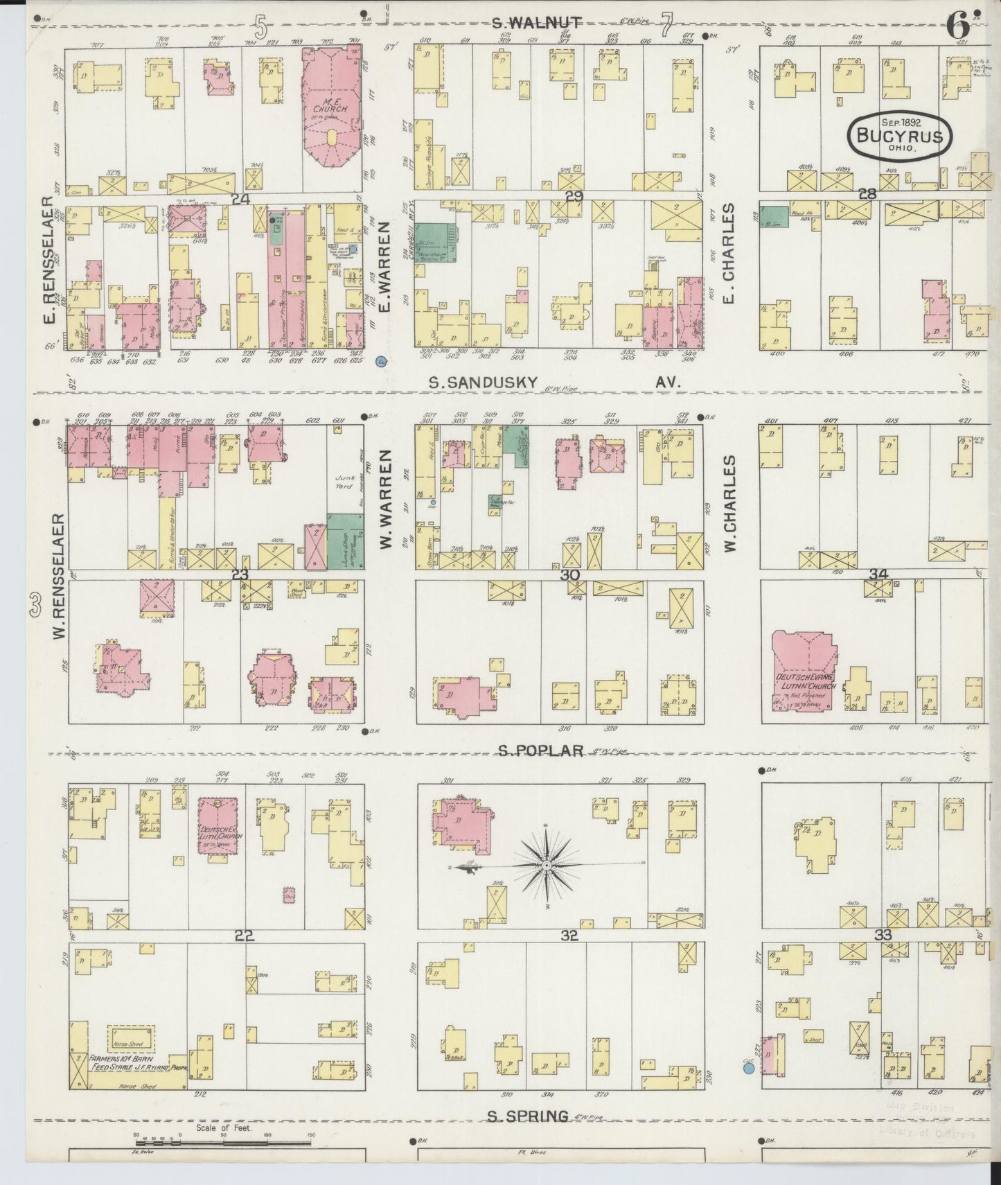 Sanborn Fire Insurance Map from Bucyrus, Crawford County, Ohio (1892), Sheet #0006 - Historic Sanborn Fire Insurance Map Print, vintage old map wall art, antique decor, genealogy gift, Ohio Ohio map