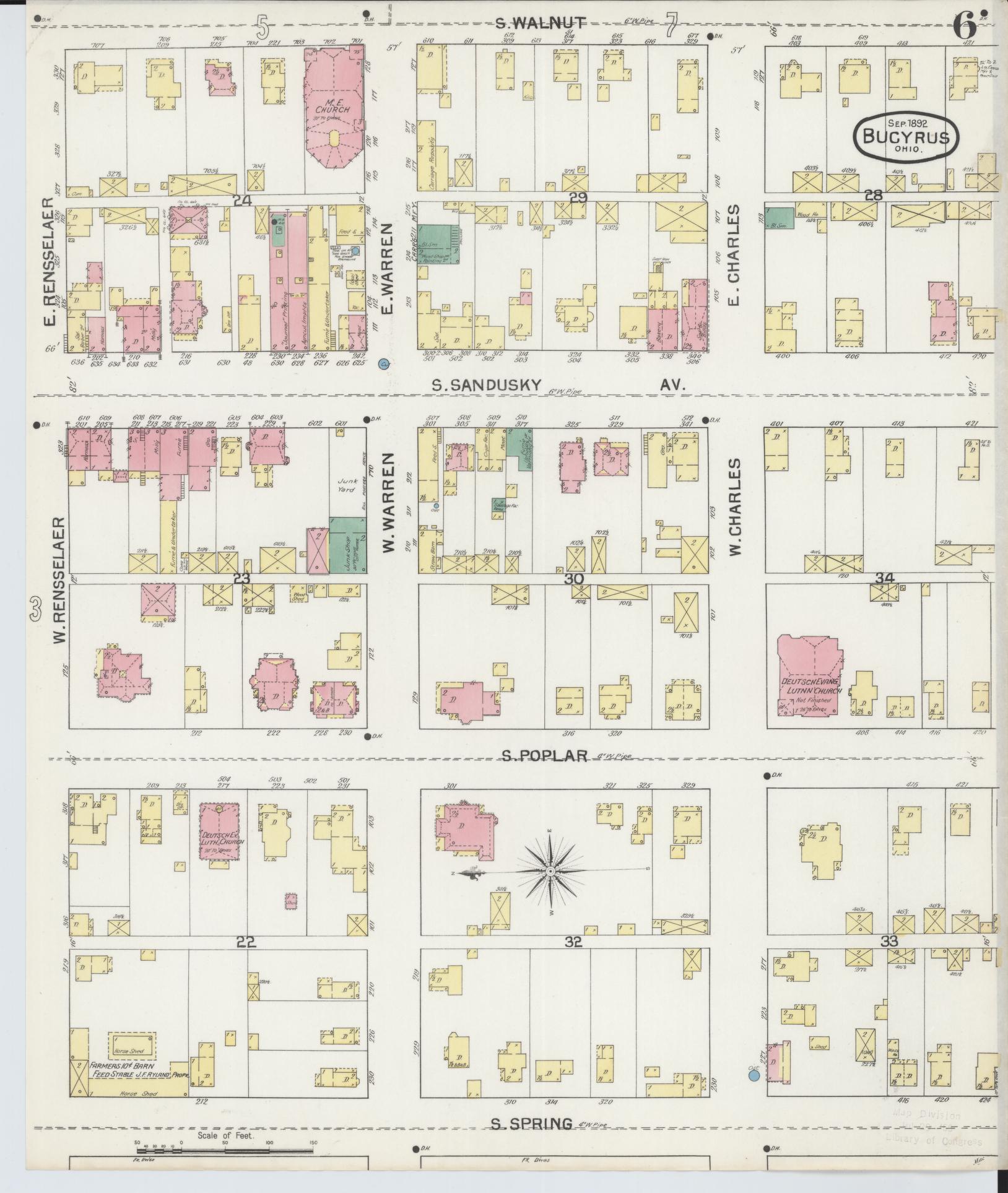 Sanborn Fire Insurance Map from Bucyrus, Crawford County, Ohio (1892), Sheet #0006 - Historic Sanborn Fire Insurance Map Print, vintage old map wall art, antique decor, genealogy gift, Ohio Ohio map