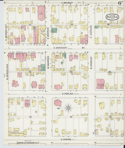 Sanborn Fire Insurance Map from Bucyrus, Crawford County, Ohio (1892), Sheet #0006 - Historic Sanborn Fire Insurance Map Print, vintage old map wall art, antique decor, genealogy gift, Ohio Ohio map