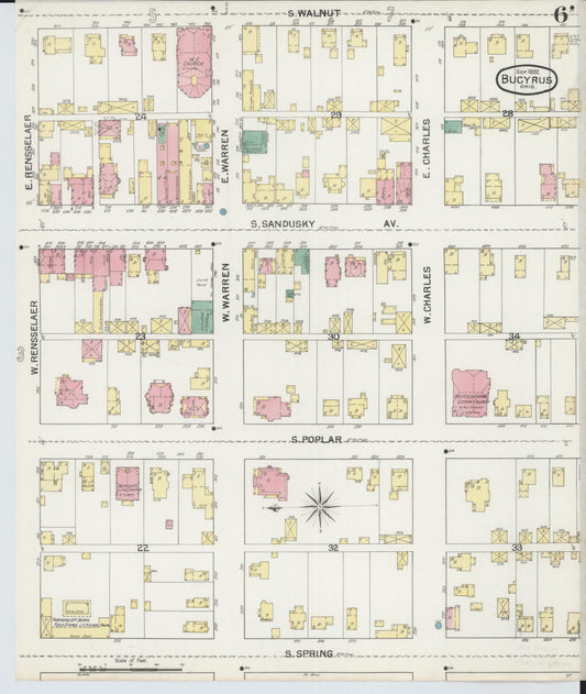 Sanborn Fire Insurance Map from Bucyrus, Crawford County, Ohio (1892), Sheet #0006 - Historic Sanborn Fire Insurance Map Print, vintage old map wall art, antique decor, genealogy gift, Ohio Ohio map
