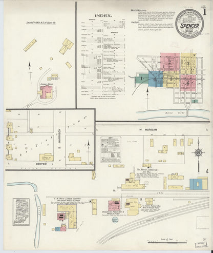 Sanborn Fire Insurance Map from Spencer, Owen County, Indiana (1912), Sheet #0001 - Historic Sanborn Fire Insurance Map Print, vintage old map wall art, antique decor, genealogy gift, Indiana Indiana map