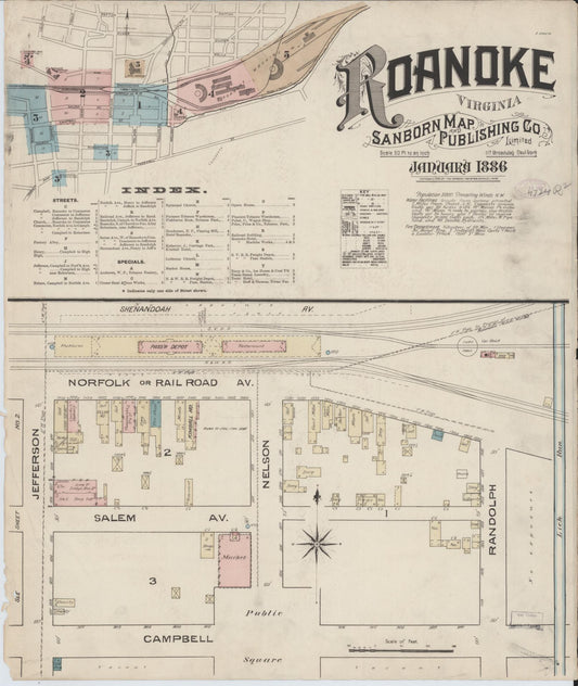 Sanborn Fire Insurance Map from Roanoke, Independent Cities, Virginia (1886), Sheet #0001 - Complete Map Set gallery image, historic Sanborn map, vintage wall art, Virginia Virginia