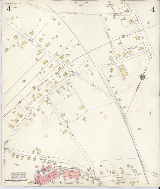 Sanborn Fire Insurance Map from Fountain Inn, Greenville And Laurens County, South Carolina (1947), Sheet #0004 - Historic Sanborn Fire Insurance Map Print, vintage old map wall art, antique decor, genealogy gift, South Carolina South Carolina map