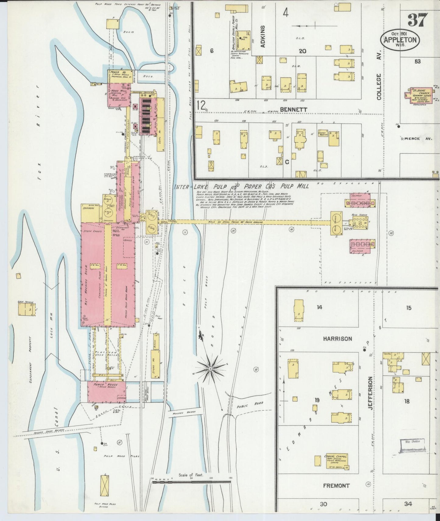 Sanborn Fire Insurance Map from Appleton, Outagamie County, Wisconsin (1901), Sheet #0037 - Historic Sanborn Fire Insurance Map Print, vintage old map wall art, antique decor, genealogy gift, Wisconsin Wisconsin map