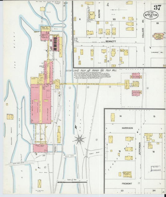 Sanborn Fire Insurance Map from Appleton, Outagamie County, Wisconsin (1901), Sheet #0037 - Historic Sanborn Fire Insurance Map Print, vintage old map wall art, antique decor, genealogy gift, Wisconsin Wisconsin map