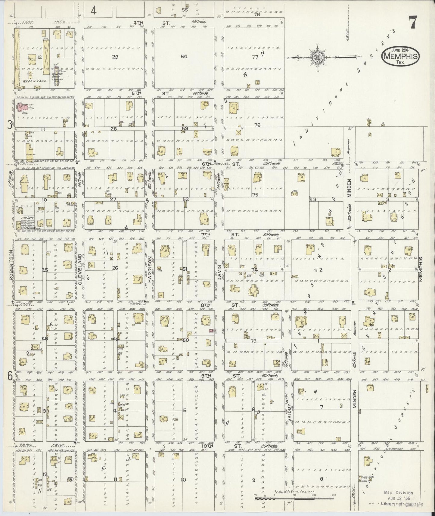 Sanborn Fire Insurance Map from Memphis, Hall County, Texas (1914), Sheet #0007 - Historic Sanborn Fire Insurance Map Print, vintage old map wall art, antique decor, genealogy gift, Texas Texas map