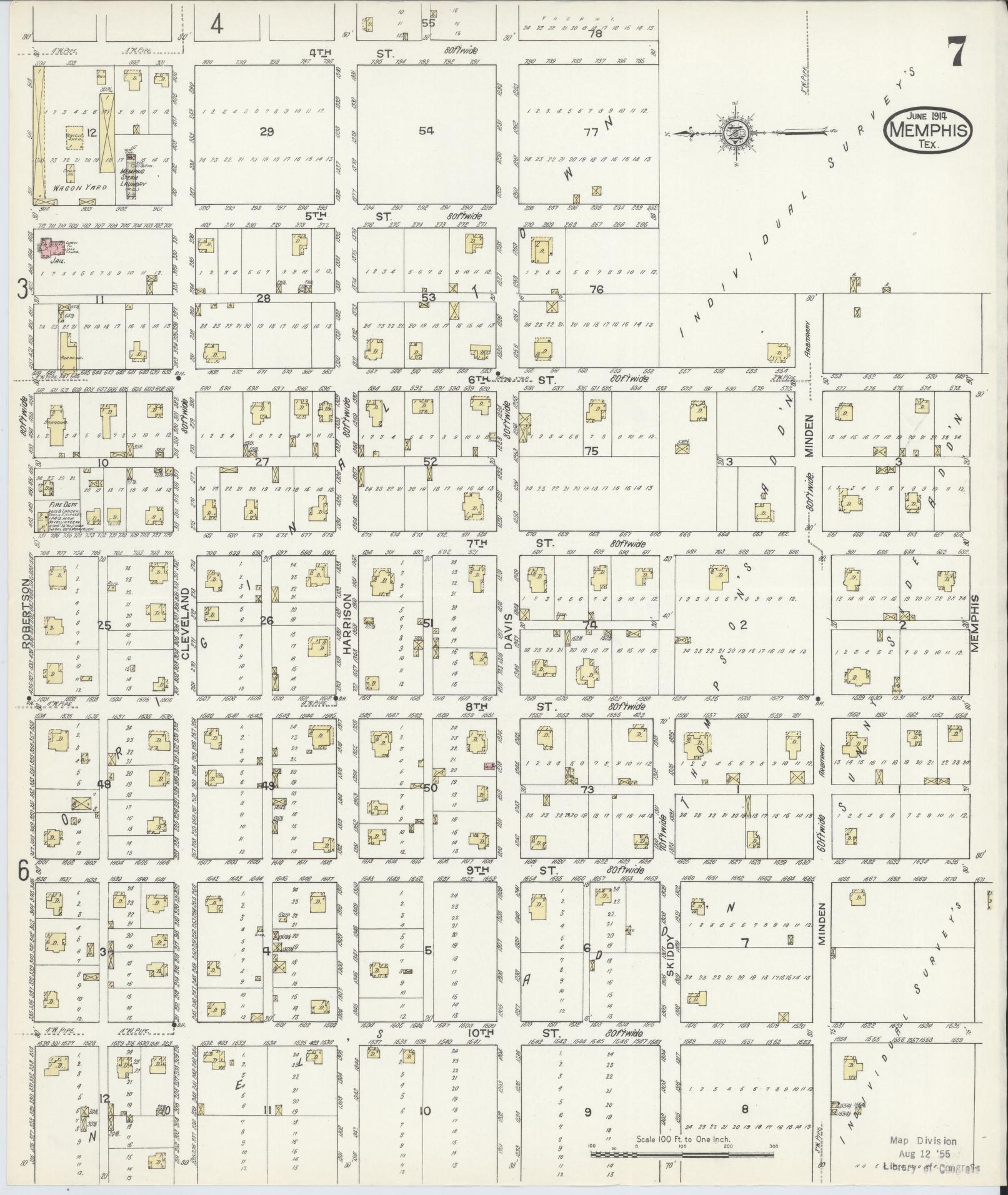 Sanborn Fire Insurance Map from Memphis, Hall County, Texas (1914), Sheet #0007 - Historic Sanborn Fire Insurance Map Print, vintage old map wall art, antique decor, genealogy gift, Texas Texas map