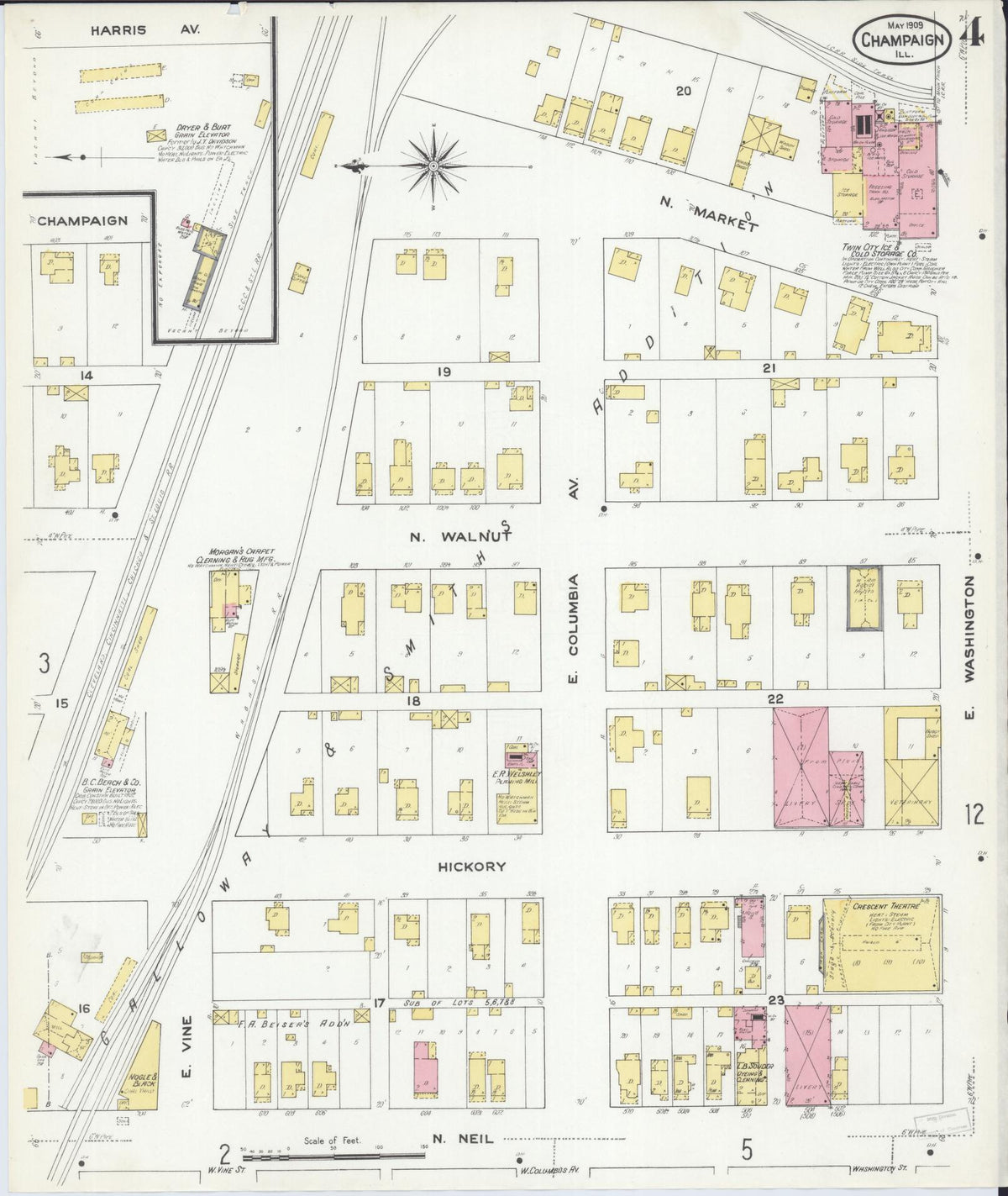 Sanborn Fire Insurance Map from Champaign, Champaign County, Illinois (1909), Sheet #0004 - Complete Map Set gallery image, historic Sanborn map, vintage wall art, Illinois Illinois