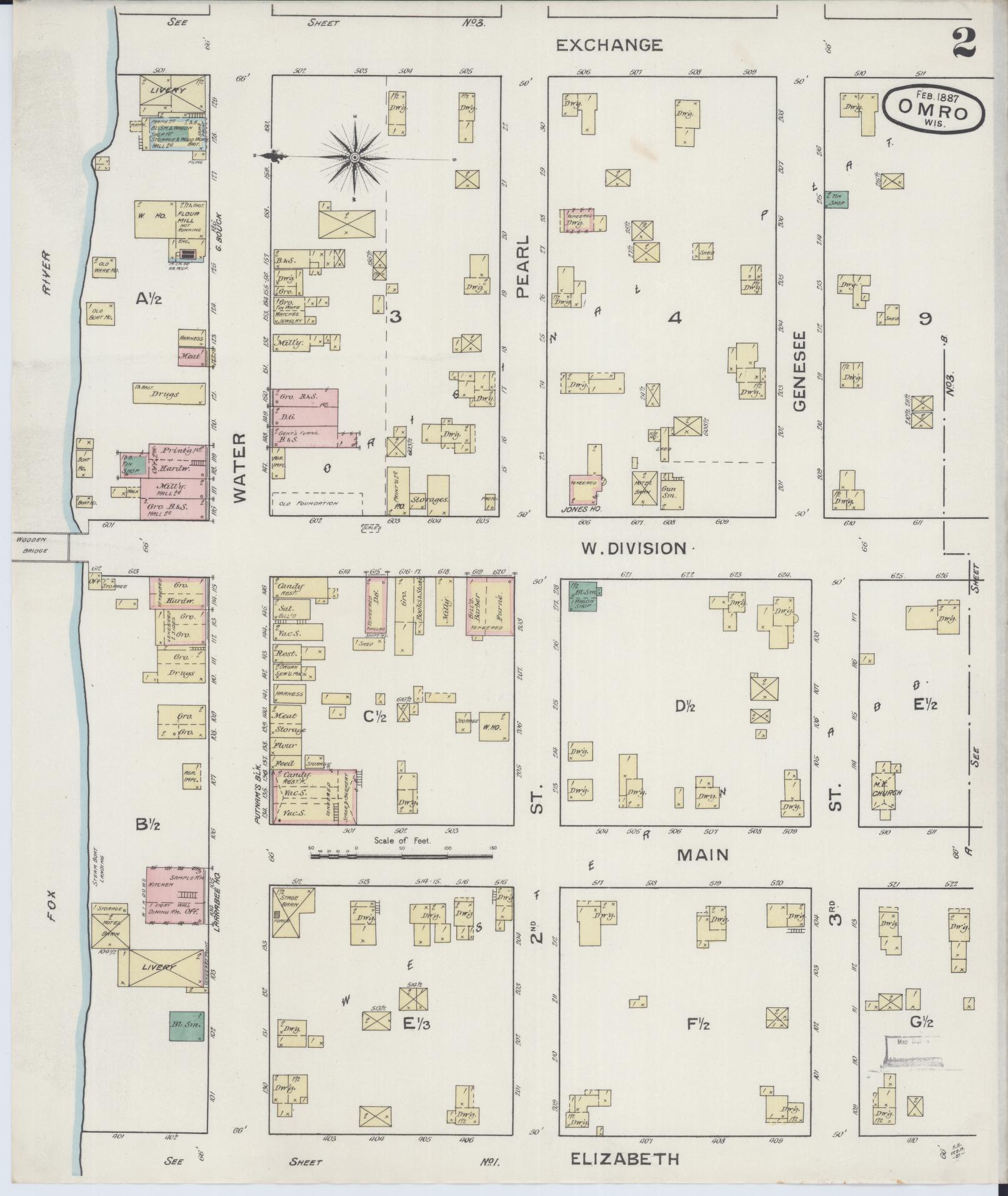Sanborn Fire Insurance Map from Omro, Winnebago County, Wisconsin (1887), Sheet #0002 - Complete Map Set gallery image, historic Sanborn map, vintage wall art, Wisconsin Wisconsin