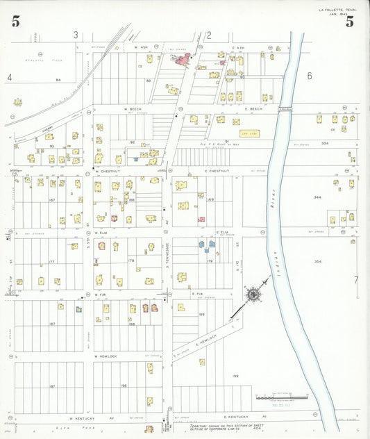 Sanborn Fire Insurance Map from La Follette, Campbell County, Tennessee (1943), Sheet #0005 - Historic Sanborn Fire Insurance Map Print, vintage old map wall art, antique decor, genealogy gift, Tennessee Tennessee map