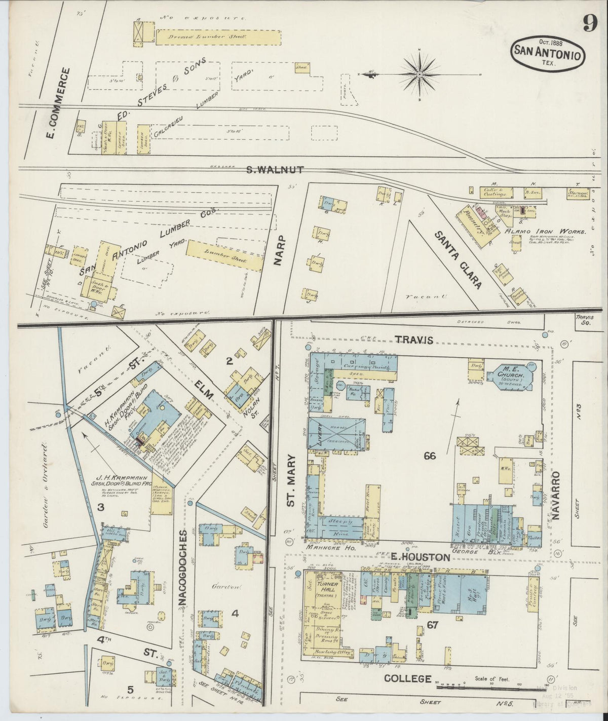 Sanborn Fire Insurance Map from San Antonio, Bexar County, Texas (1888), Sheet #0009 - Complete Map Set gallery image, historic Sanborn map, vintage wall art, Texas Texas