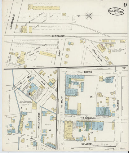 Sanborn Fire Insurance Map from San Antonio, Bexar County, Texas (1888), Sheet #0009 - Complete Map Set gallery image, historic Sanborn map, vintage wall art, Texas Texas