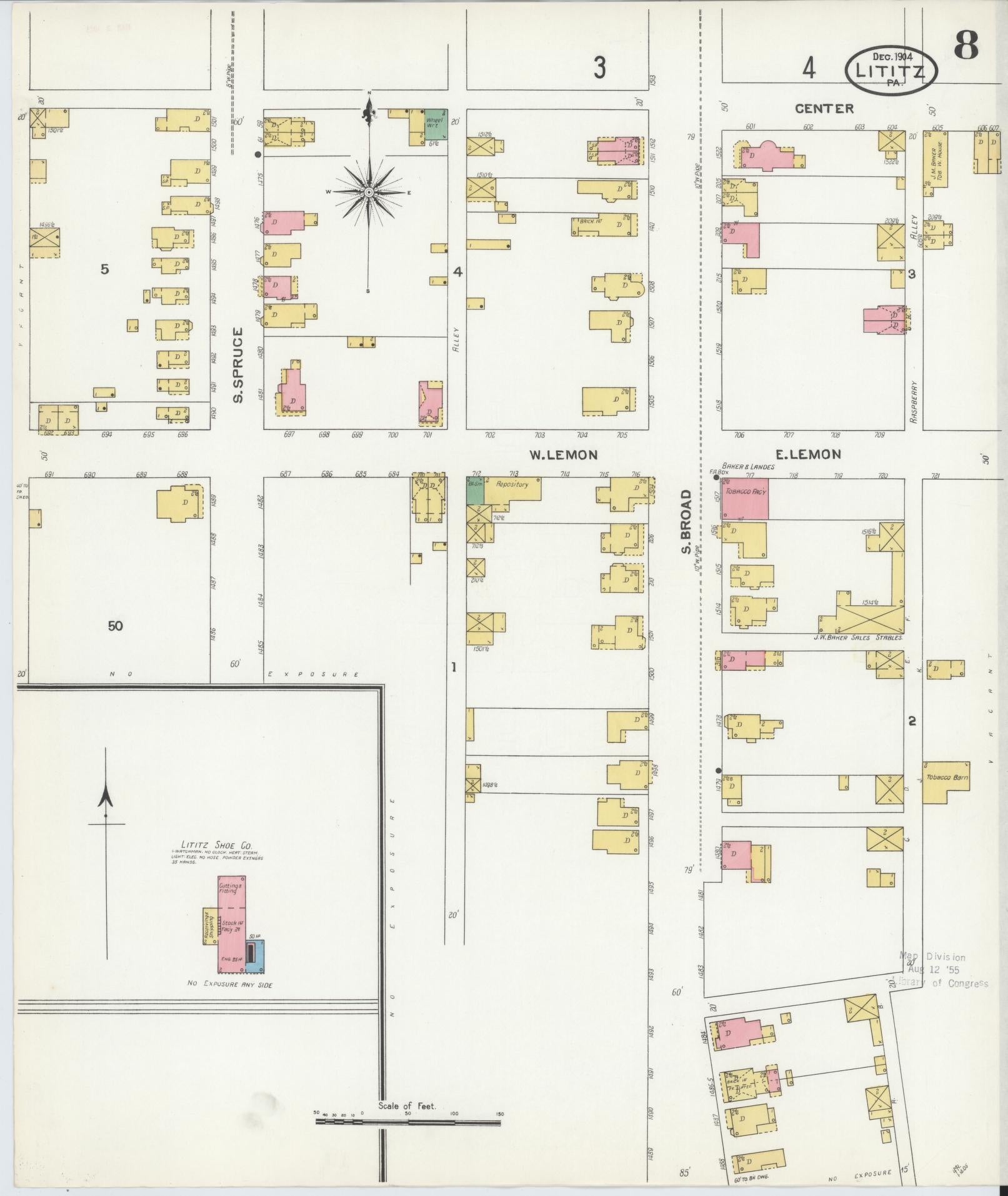 Sanborn Fire Insurance Map from Lititz, Lancaster County, Pennsylvania (1904), Sheet #0008 - Complete Map Set gallery image, historic Sanborn map, vintage wall art, Pennsylvania Pennsylvania
