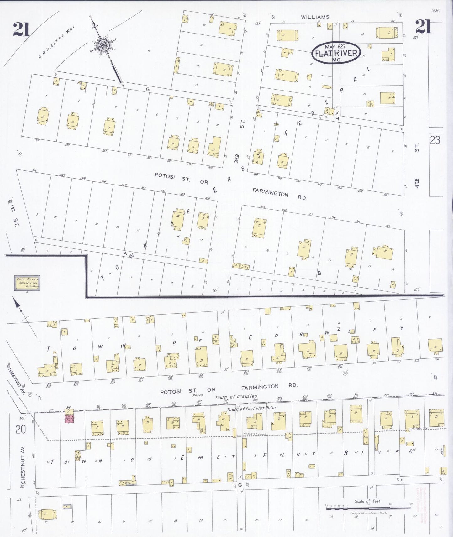 Sanborn Fire Insurance Map from Flat River, Saint Francois County, Missouri (1927), Sheet #0021 - Historic Sanborn Fire Insurance Map Print, vintage old map wall art, antique decor, genealogy gift, Missouri Missouri map