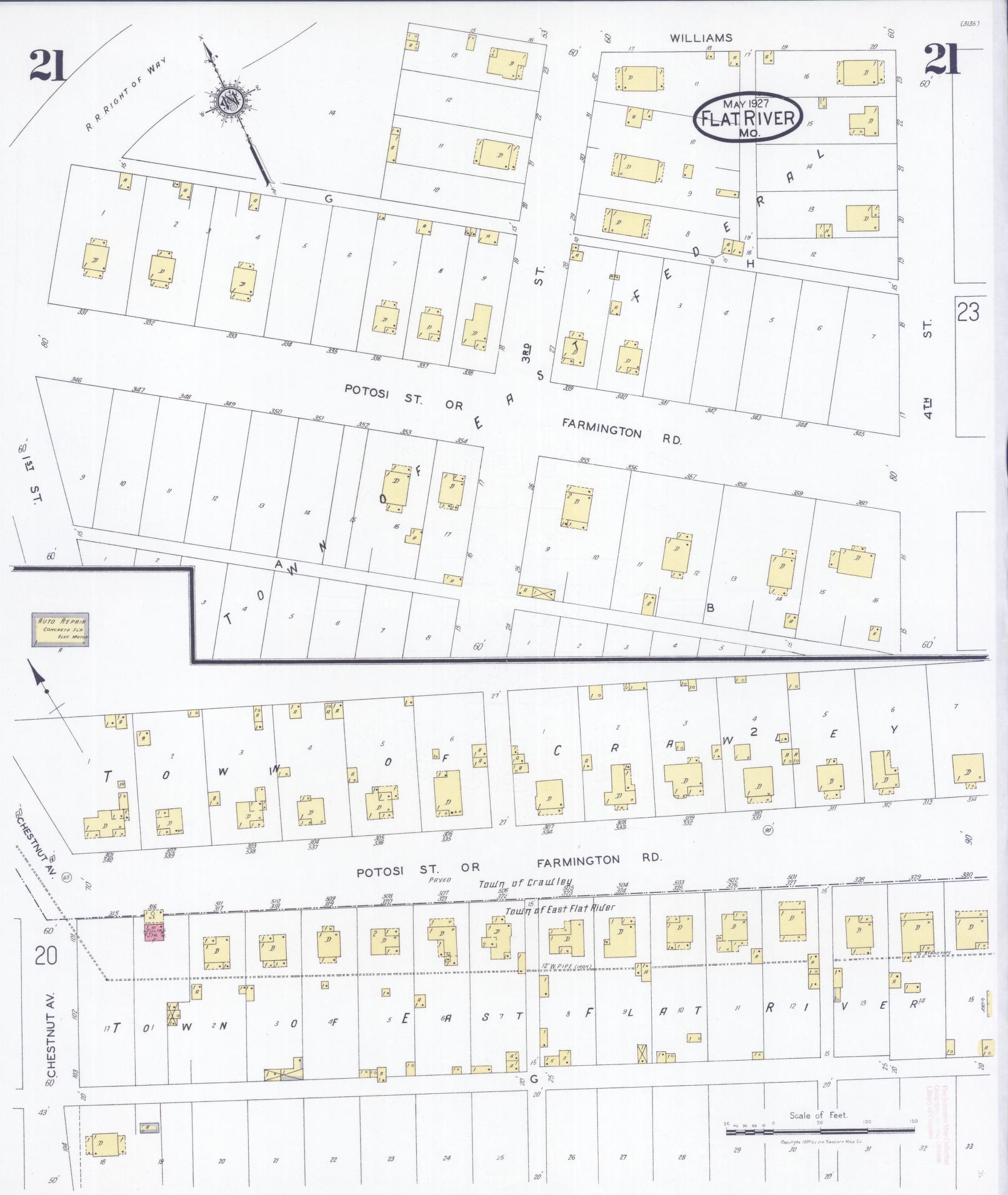 Sanborn Fire Insurance Map from Flat River, Saint Francois County, Missouri (1927), Sheet #0021 - Historic Sanborn Fire Insurance Map Print, vintage old map wall art, antique decor, genealogy gift, Missouri Missouri map