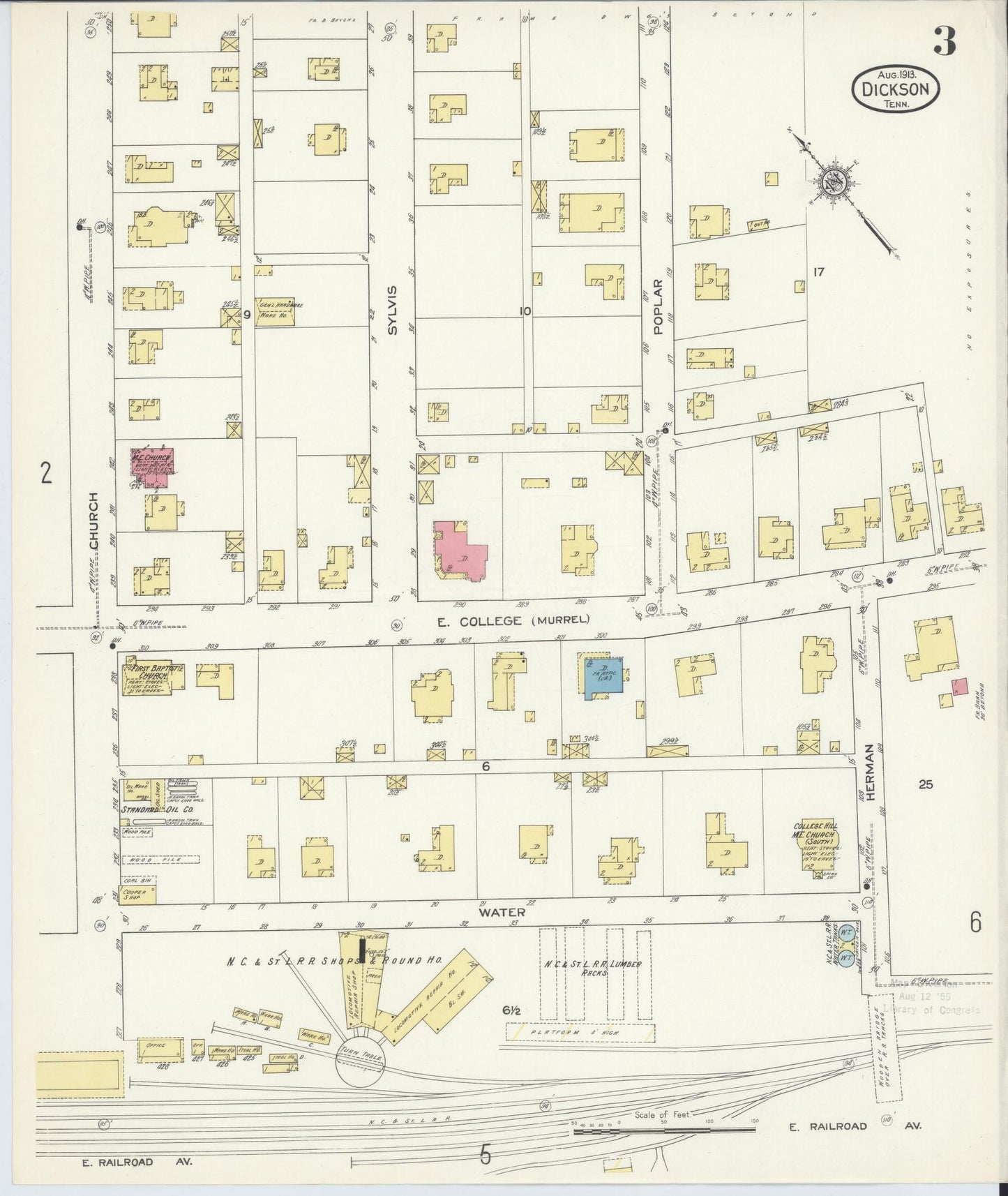 Sanborn Fire Insurance Map from Dickson, Dickson County, Tennessee (1913), Sheet #0003 - Complete Map Set gallery image, historic Sanborn map, vintage wall art, Tennessee Tennessee