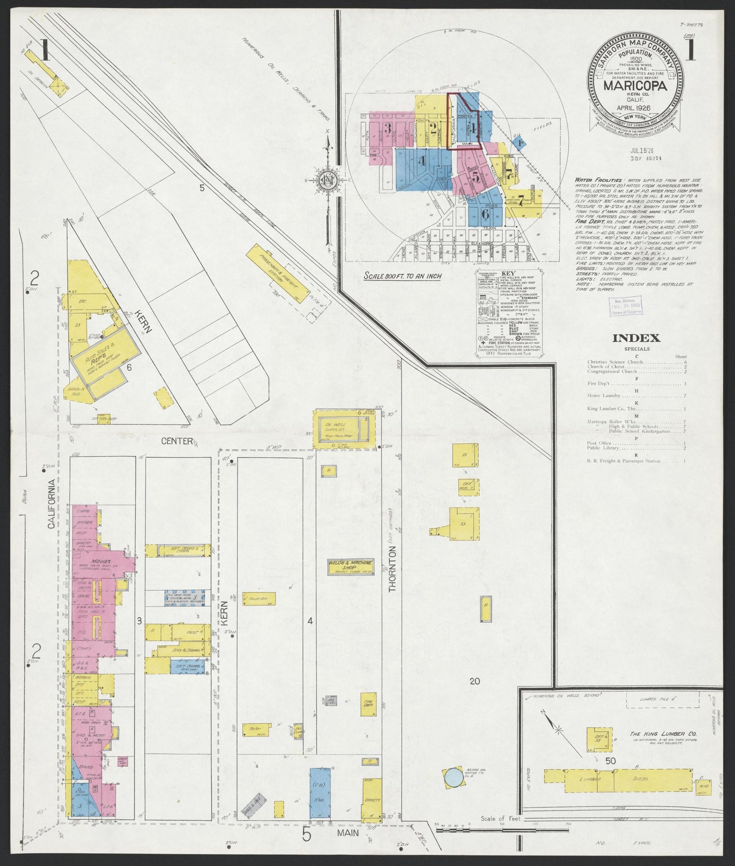 Sanborn Fire Insurance Map from Maricopa, Kern County, California (1926), Sheet #0001 - Complete Map Set gallery image, historic Sanborn map, vintage wall art, California California