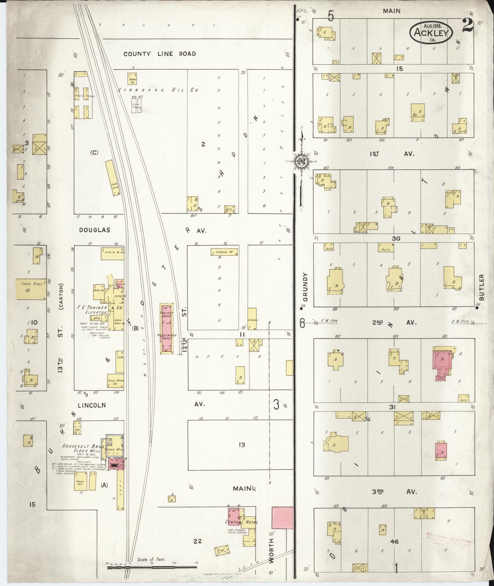 Sanborn Fire Insurance Map from Ackley, Hardin and Franklin Counties, Iowa (1916), Sheet #0002 - Historic Sanborn Fire Insurance Map Print