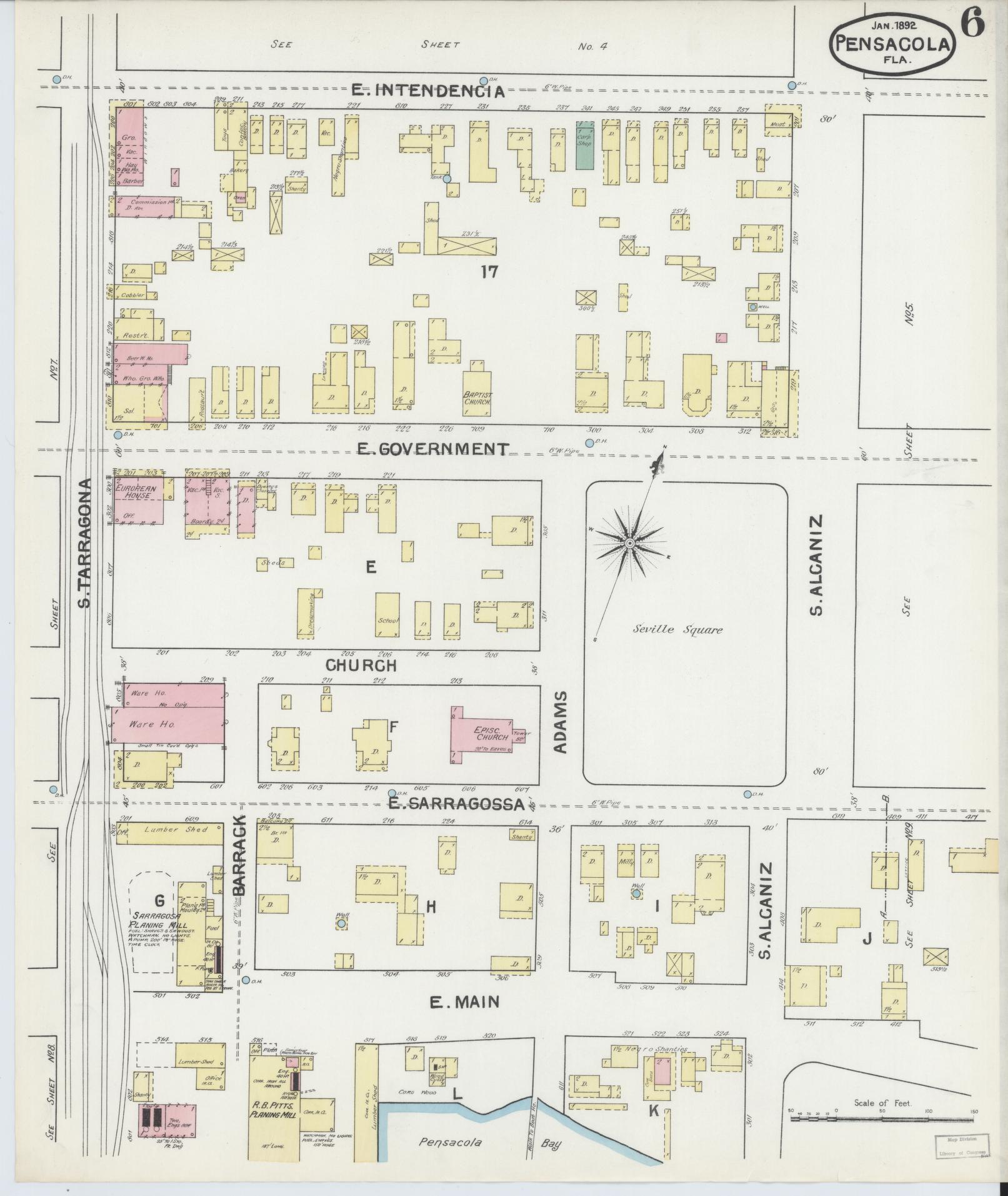 Sanborn Fire Insurance Map from Pensacola, Escambia County, Florida (1892), Sheet #0006 - Historic Sanborn Fire Insurance Map Print, vintage old map wall art, antique decor, genealogy gift, Florida Florida map