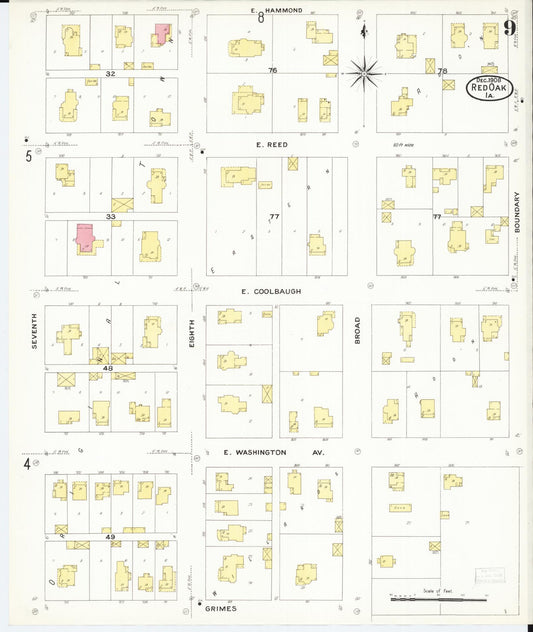 Sanborn Fire Insurance Map from Red Oak, Montgomery County, Iowa (1908), Sheet #0009 - Historic Sanborn Fire Insurance Map Print, vintage old map wall art