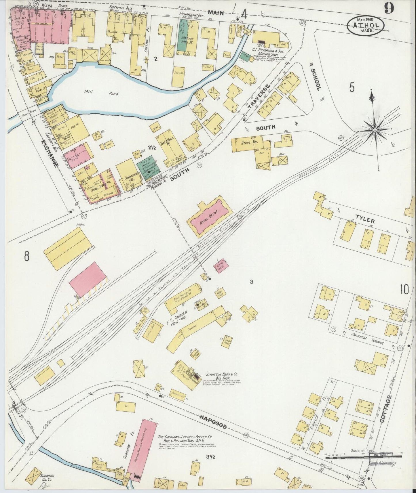 Sanborn Fire Insurance Map from Athol, Worcester County, Massachusetts (1905), Sheet #0009 - Historic Sanborn Fire Insurance Map Print, vintage old map wall art, antique decor, genealogy gift, Massachusetts Massachusetts map