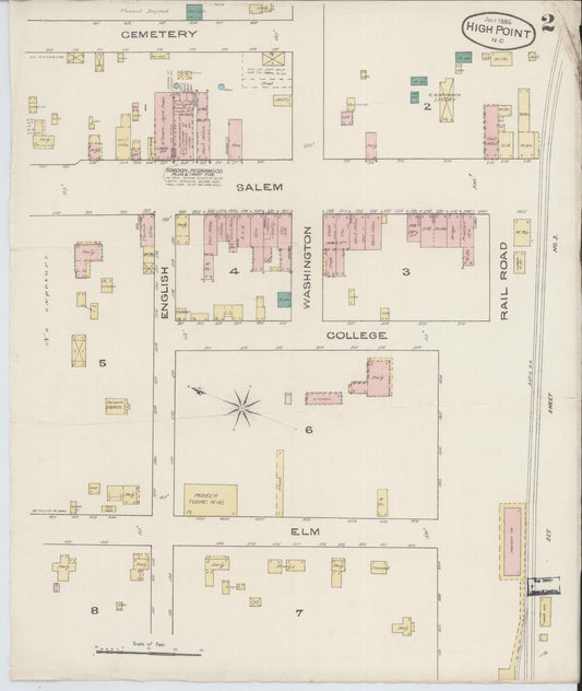Sanborn Fire Insurance Map from High Point, Guilford County, North Carolina (1885), Sheet #0002 - Historic Sanborn Fire Insurance Map Print, vintage old map wall art, antique decor, genealogy gift, North Carolina North Carolina map