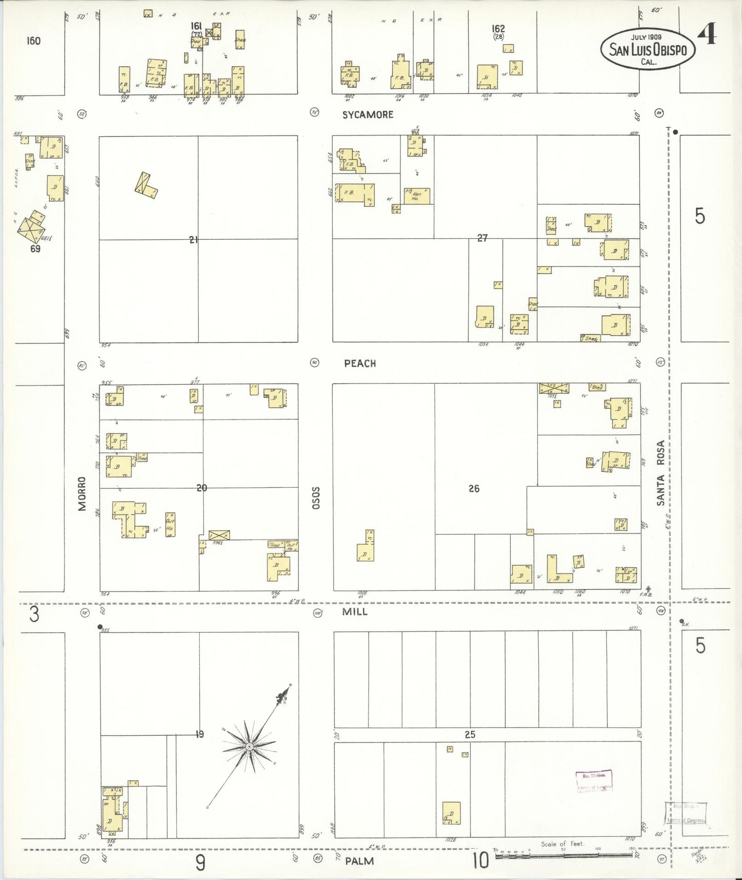 Sanborn Fire Insurance Map from San Luis Obispo, San Luis Obispo County, California (1909), Sheet #0004 - Complete Map Set gallery image, historic Sanborn map, vintage wall art, California California