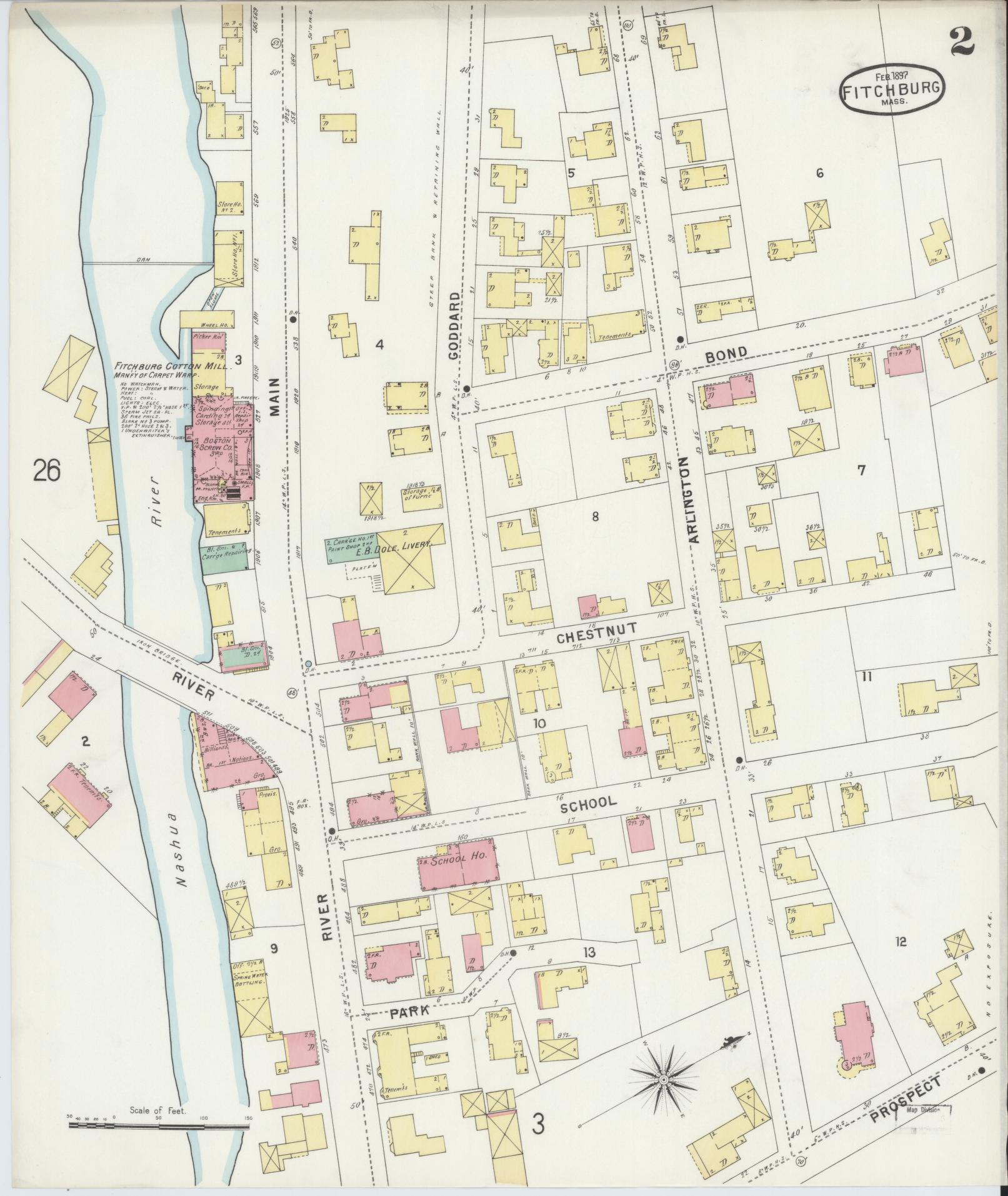 Sanborn Fire Insurance Map from Fitchburg, Worcester County, Massachusetts (1897), Sheet #0002 - Historic Sanborn Fire Insurance Map Print, vintage old map wall art, antique decor, genealogy gift, Massachusetts Massachusetts map