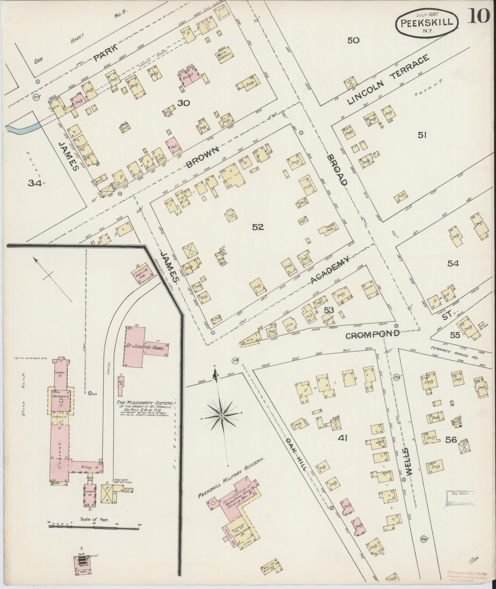 Sanborn Fire Insurance Map from Peekskill, Westchester County, New York (1887), Sheet #0010 - Historic Sanborn Fire Insurance Map Print, vintage old map wall art, antique decor, genealogy gift, New York New York map