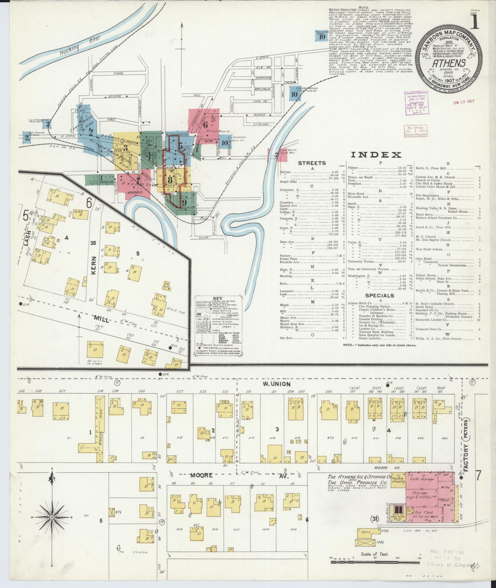 Sanborn Fire Insurance Map from Athens, Athens County, Ohio (1907), Sheet #0001 - Historic Sanborn Fire Insurance Map Print, vintage old map wall art, antique decor, genealogy gift, Ohio Ohio map