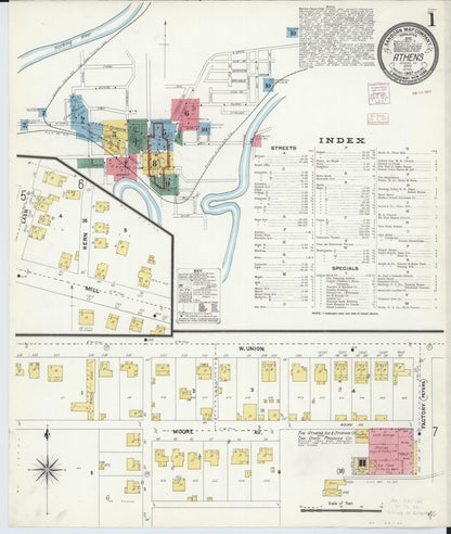 Sanborn Fire Insurance Map from Athens, Athens County, Ohio (1907), Sheet #0001 - Historic Sanborn Fire Insurance Map Print, vintage old map wall art, antique decor, genealogy gift, Ohio Ohio map