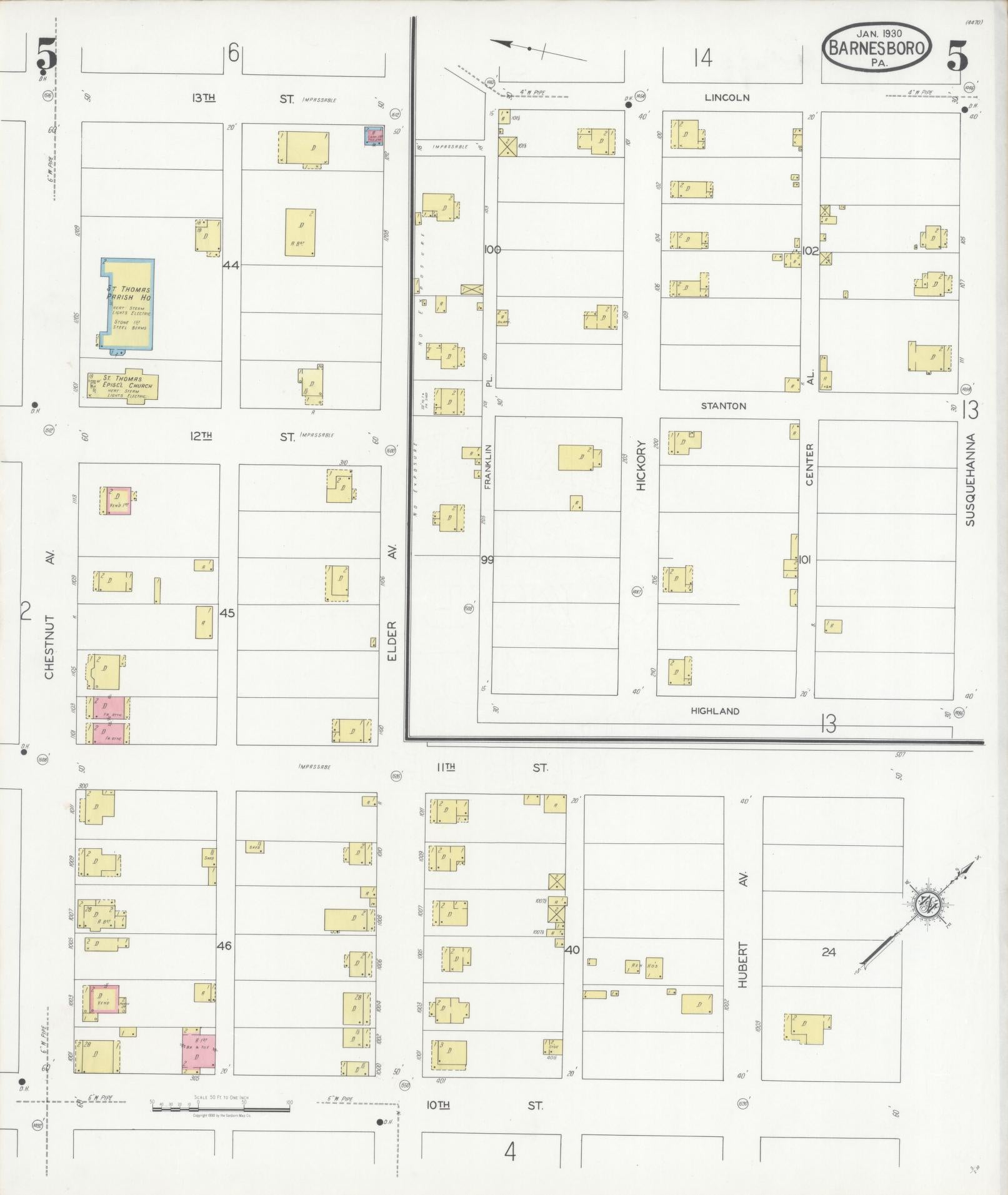 Sanborn Fire Insurance Map from Barnesboro, Cambria County, Pennsylvania (1930), Sheet #0005 - Historic Sanborn Fire Insurance Map Print, vintage old map wall art, antique decor, genealogy gift, Pennsylvania Pennsylvania map