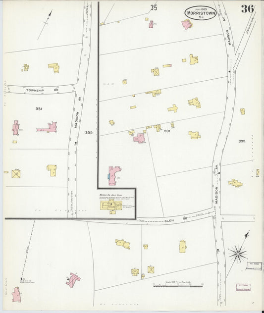 Sanborn Fire Insurance Map from Morristown, Morris County, New Jersey (1909), Sheet #0036 - Historic Sanborn Fire Insurance Map Print, vintage old map wall art, antique decor, genealogy gift, New Jersey New Jersey map