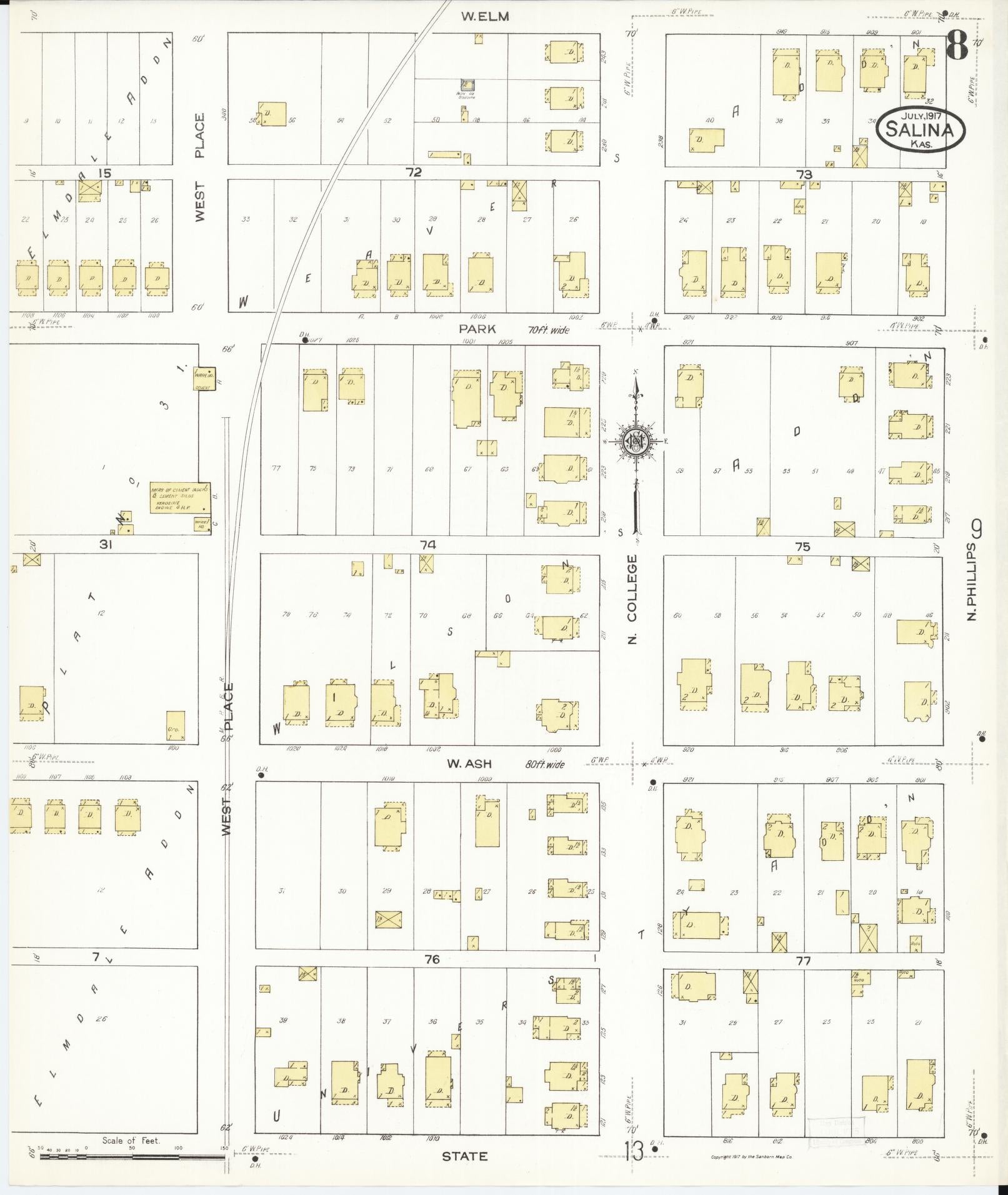 Sanborn Fire Insurance Map from Salina, Saline County, Kansas (1917), Sheet #0008 - Historic Sanborn Fire Insurance Map Print, vintage old map wall art, antique decor, genealogy gift, Kansas Kansas map