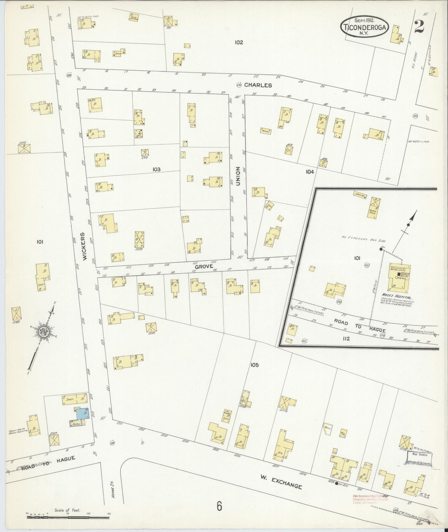 Sanborn Fire Insurance Map from Ticonderoga, Essex County, New York (1912), Sheet #0002 - Historic Sanborn Fire Insurance Map Print, vintage old map wall art, antique decor, genealogy gift, New York New York map