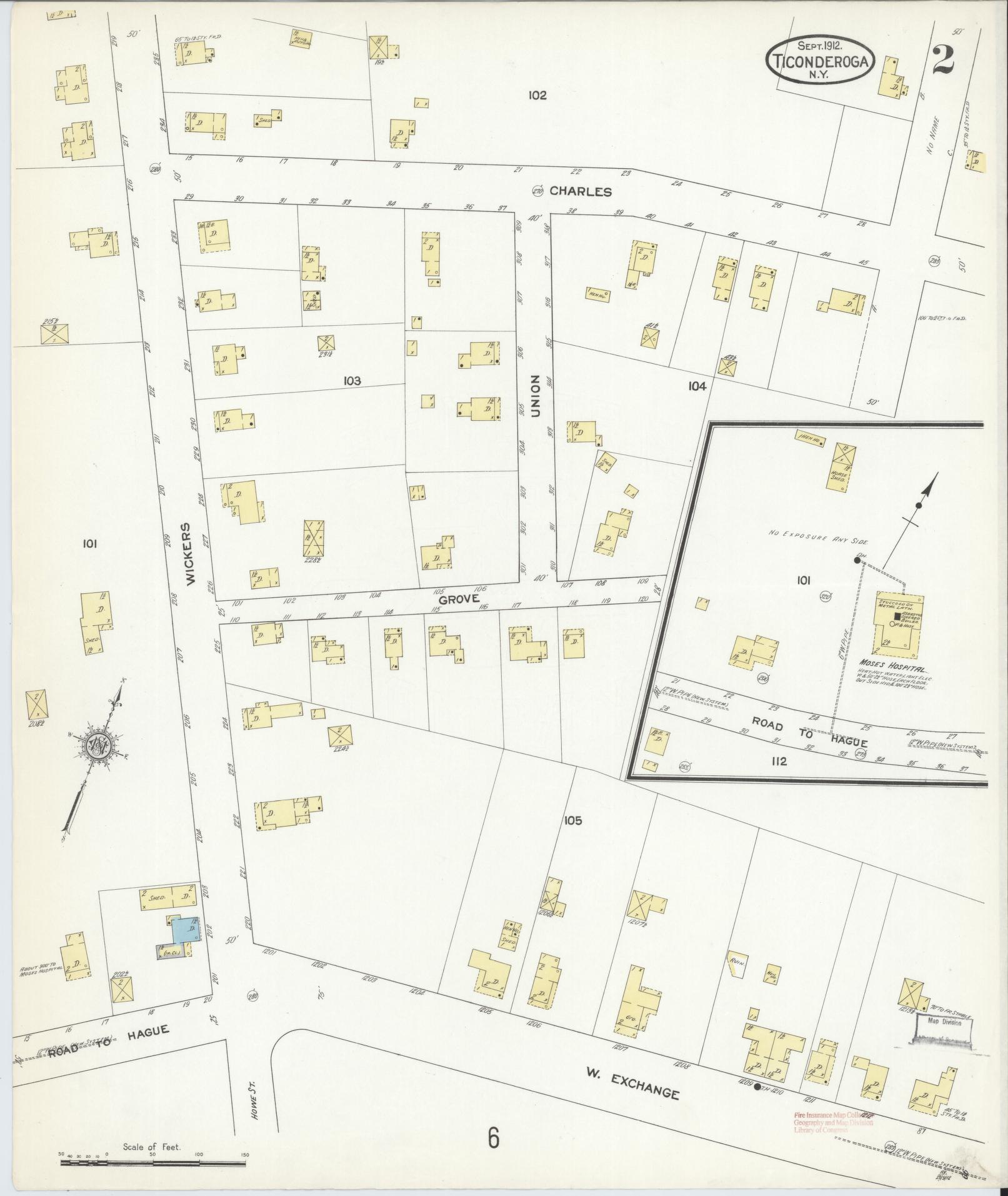 Sanborn Fire Insurance Map from Ticonderoga, Essex County, New York (1912), Sheet #0002 - Historic Sanborn Fire Insurance Map Print, vintage old map wall art, antique decor, genealogy gift, New York New York map