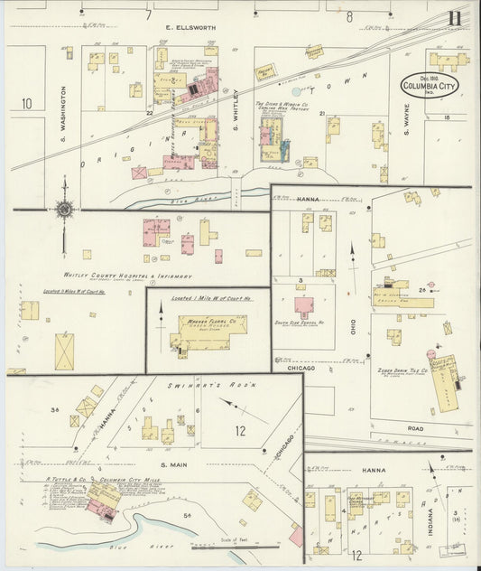 Sanborn Fire Insurance Map from Columbia City, Whitley County, Indiana (1910), Sheet #0011 - Historic Sanborn Fire Insurance Map Print, vintage old map wall art, antique decor, genealogy gift, Indiana Indiana map