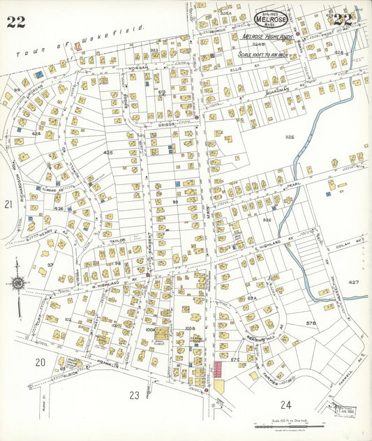 Sanborn Fire Insurance Map from Melrose, Middlesex County, Massachusetts (1923), Sheet #0022 - Historic Sanborn Fire Insurance Map Print, vintage old map wall art, antique decor, genealogy gift, Massachusetts Massachusetts map