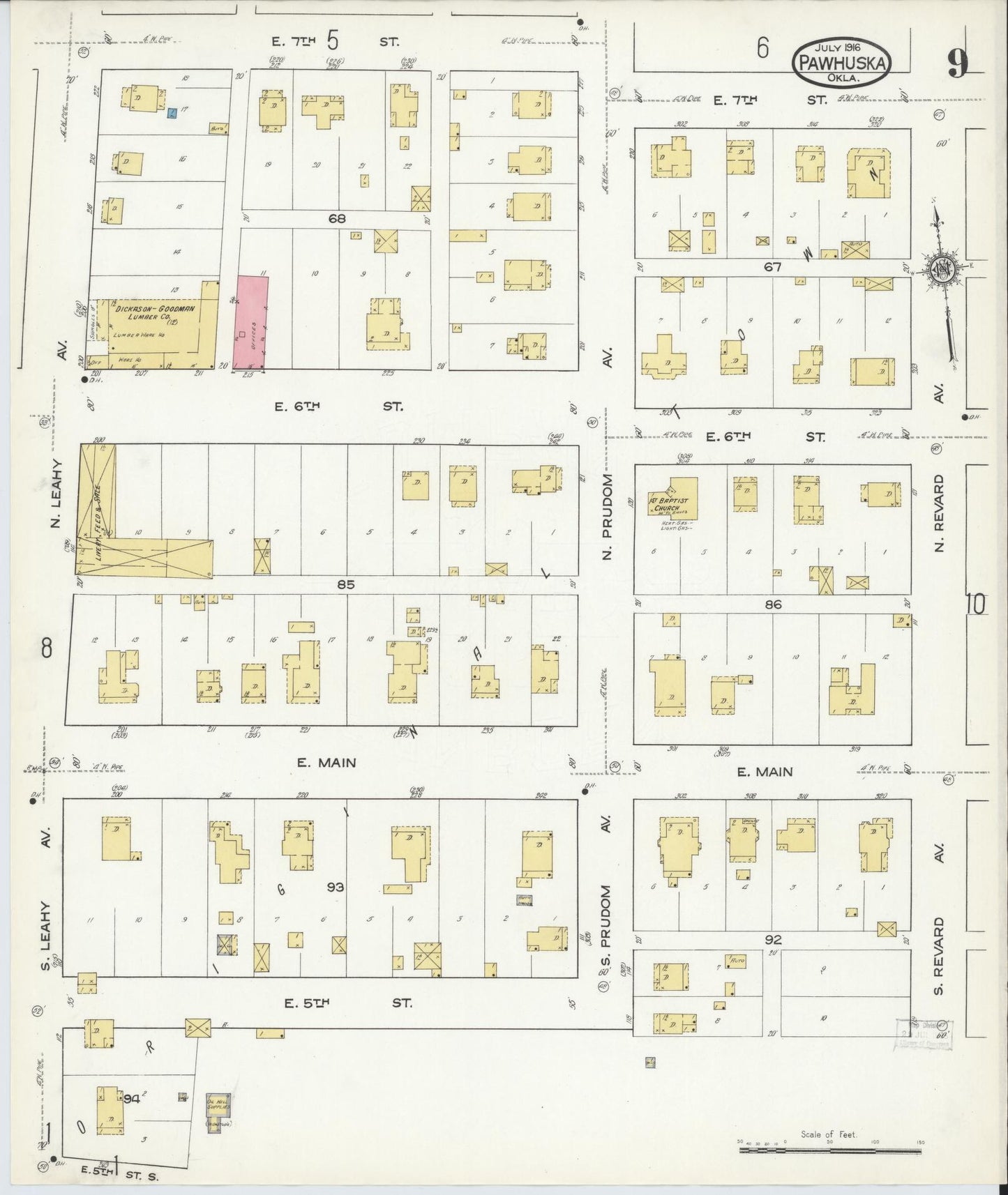 Sanborn Fire Insurance Map from Pawhuska, Osage County, Oklahoma (1916), Sheet #0009 - Complete Map Set gallery image, historic Sanborn map, vintage wall art, Oklahoma Oklahoma