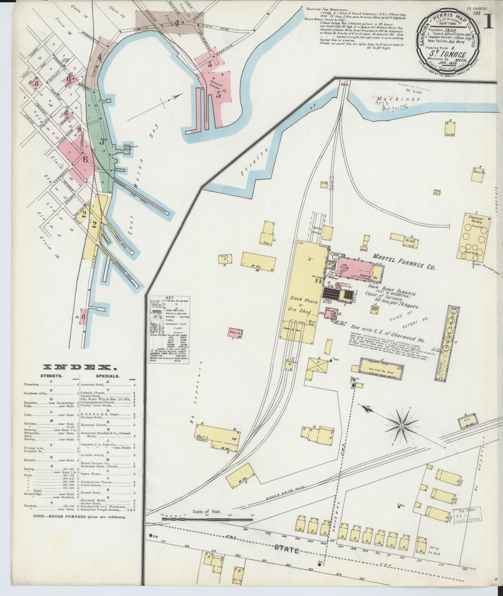 Sanborn Fire Insurance Map from Saint Ignace, Mackinac County, Michigan (1896), Sheet #0001 - Historic Sanborn Fire Insurance Map Print, vintage old map wall art, antique decor, genealogy gift, Michigan Michigan map