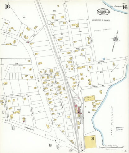 Sanborn Fire Insurance Map from Wakefield, Middlesex County, Massachusetts (1923), Sheet #0016 - Historic Sanborn Fire Insurance Map Print, vintage old map wall art, antique decor, genealogy gift, Massachusetts Massachusetts map