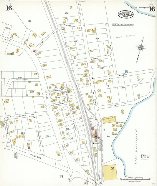 Sanborn Fire Insurance Map from Wakefield, Middlesex County, Massachusetts (1923), Sheet #0016 - Historic Sanborn Fire Insurance Map Print, vintage old map wall art, antique decor, genealogy gift, Massachusetts Massachusetts map