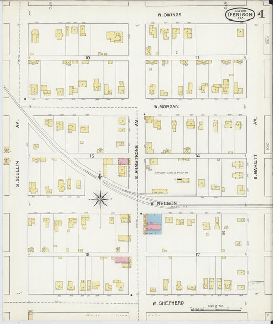 Sanborn Fire Insurance Map from Denison, Grayson County, Texas (1892), Sheet #0004 - Historic Sanborn Fire Insurance Map Print, vintage old map wall art, antique decor, genealogy gift, Texas Texas map